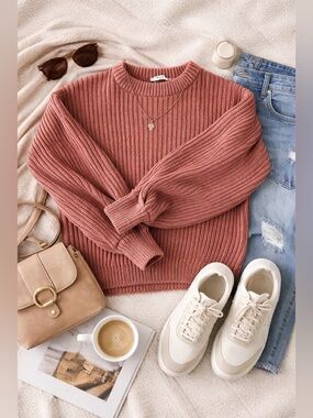 NA-KD Dusty Rose Chunky Knit Sweater Crewneck Ribbed Cozy Size Small EUC